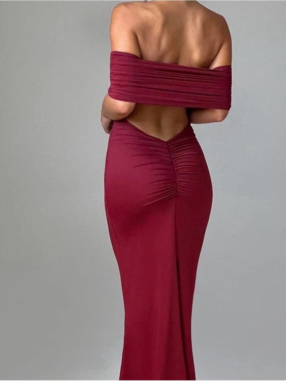 Babyboo Burgundy Belinda Maxi Dress Off-the-Shoulder Ruched Back Evening Gown